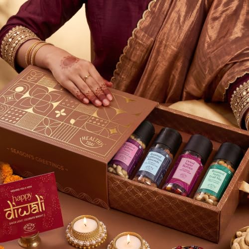 Healthy Treat Delight Diwali Gift Hamper | Roasted Dry fruits, Healthy Snacks & Berries Gift Box with Brass Diyas & Diwali Greeting Card