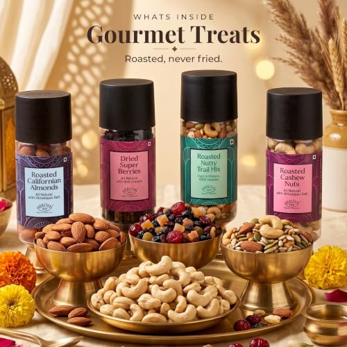 Healthy Treat Delight Diwali Gift Hamper | Roasted Dry fruits, Healthy Snacks & Berries Gift Box with Brass Diyas & Diwali Greeting Card
