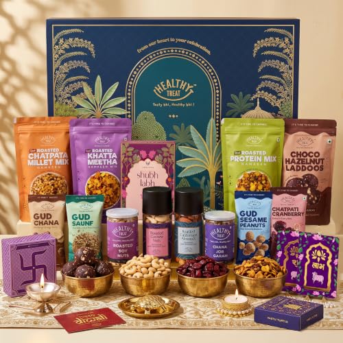 Healthy Treat Festive Luxe Diwali Gift Hamper | Premium Festive Gift Box with Healthy Roasted Snacks, Dry Fruits & Laddoos | Luxury Corporate & Family Diwali Hamper with Diyas, Vastu Turtle & Shubh Labh