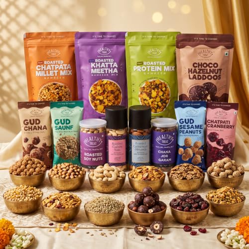 Healthy Treat Festive Luxe Diwali Gift Hamper | Premium Festive Gift Box with Healthy Roasted Snacks, Dry Fruits & Laddoos | Luxury Corporate & Family Diwali Hamper with Diyas, Vastu Turtle & Shubh Labh