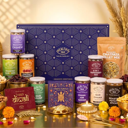 Healthy Treat Grand Diwali Gift Hamper | Roasted Dry fruits, Healthy Snacks, Diwali-Gift Box with Vastu Turtle, Brass Diya & Greeting Card