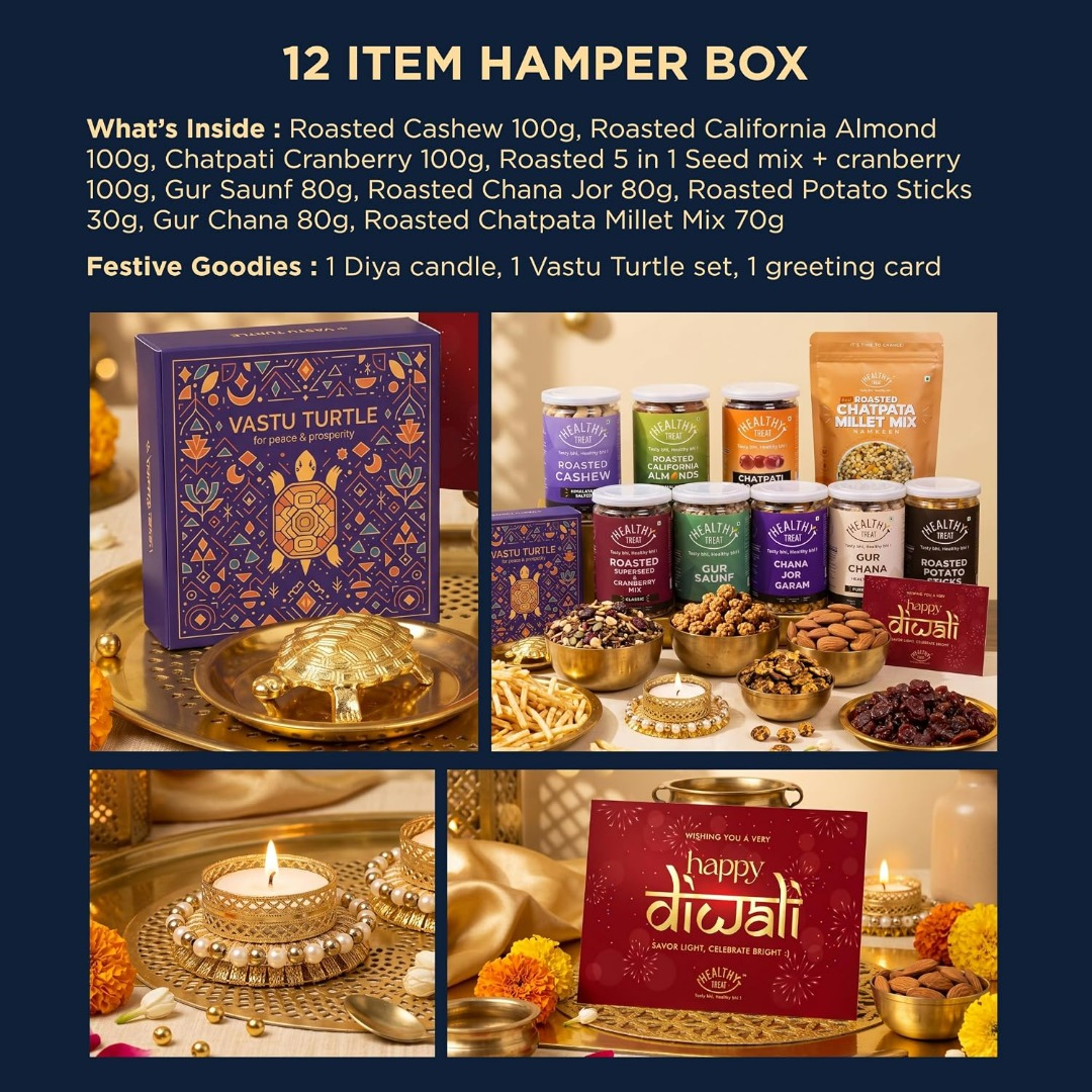 Healthy Treat Grand Diwali Gift Hamper | Roasted Dry fruits, Healthy Snacks, Diwali-Gift Box with Vastu Turtle, Brass Diya & Greeting Card