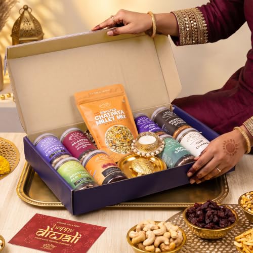 Healthy Treat Grand Diwali Gift Hamper | Roasted Dry fruits, Healthy Snacks, Diwali-Gift Box with Vastu Turtle, Brass Diya & Greeting Card