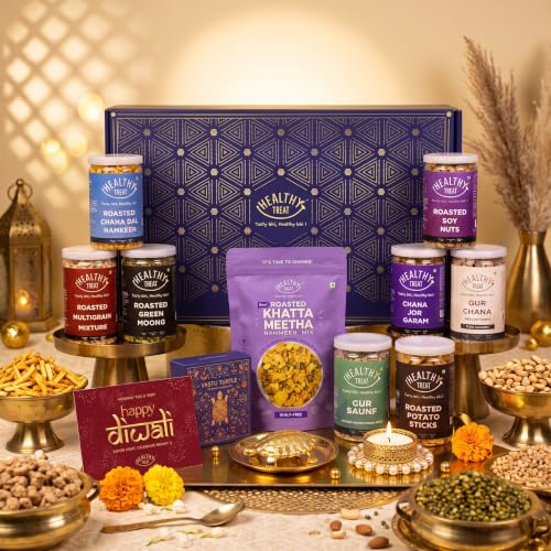 Healthy Treat Khushiyan Diwali Gift Hamper | Roasted Snacks Gift Box with Vastu Turtle, Brass Diya & Diwali Greeting Card | Sweet and Savory Snacks Gift Box