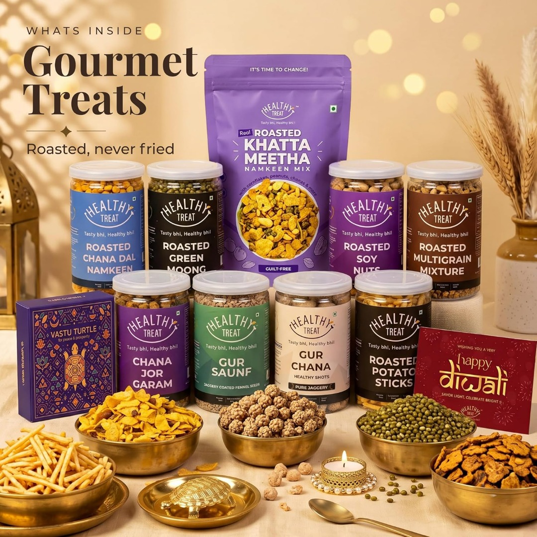 Healthy Treat Khushiyan Diwali Gift Hamper | Roasted Snacks Gift Box with Vastu Turtle, Brass Diya & Diwali Greeting Card | Sweet and Savory Snacks Gift Box