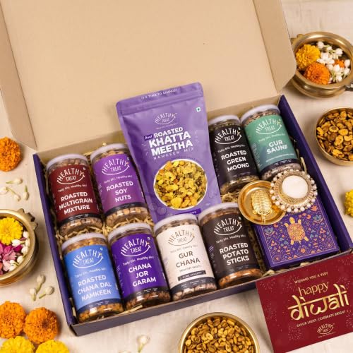 Healthy Treat Khushiyan Diwali Gift Hamper | Roasted Snacks Gift Box with Vastu Turtle, Brass Diya & Diwali Greeting Card | Sweet and Savory Snacks Gift Box