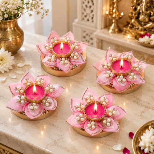 HomeSquare Tealight Candle Holders Diwali Diyas with Tealight Candle Pack of 4 Pink Tealight Candle Holders