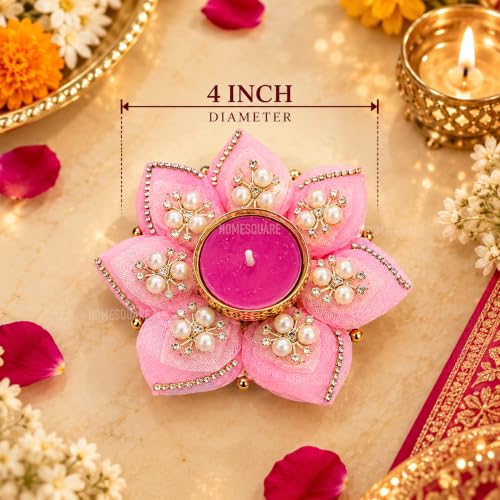 HomeSquare Tealight Candle Holders Diwali Diyas with Tealight Candle Pack of 4 Pink Tealight Candle Holders