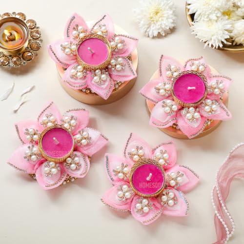 HomeSquare Tealight Candle Holders Diwali Diyas with Tealight Candle Pack of 4 Pink Tealight Candle Holders