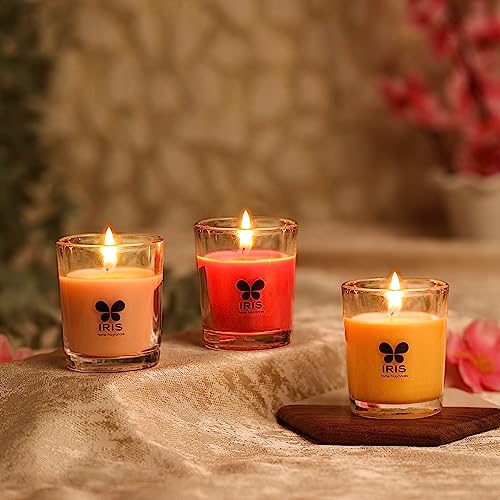 IRIS Shot Glass Candle Set of 3 | Damask Rose, Peach Pomegranate & Mango Sorbet | 40g Each | 8 Hrs Burn per Candle | Scented Decorative Candles | Non-Toxic