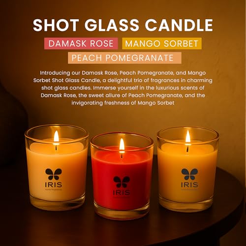 IRIS Shot Glass Candle Set of 3 | Damask Rose, Peach Pomegranate & Mango Sorbet | 40g Each | 8 Hrs Burn per Candle | Scented Decorative Candles | Non-Toxic