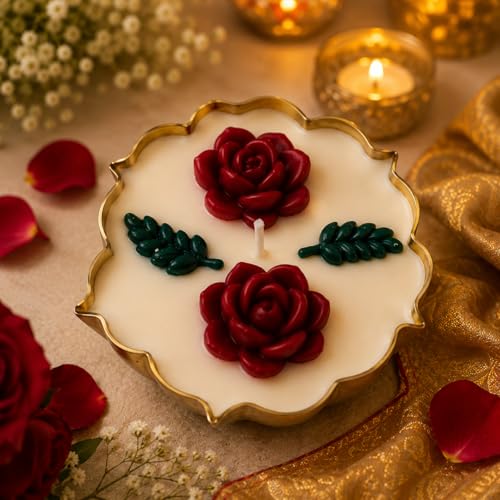 Iron Lotus Shaped Rose Theme Urli Candle Set 3.5 Inch | Long Lasting Soy Wax Lotus Candle Urli Sandalwood Scented | Stylish Candles for Decoration, Diwali Gift, Home & Festive Décor