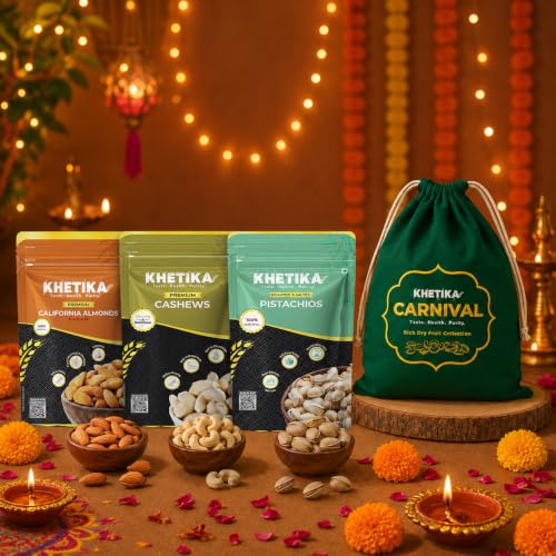 Khetika Celebration Trio Festive Dry Fruits Gift Potli 300g | Almonds, Cashews & Pistachios 100g Each | Premium Gift Hamper