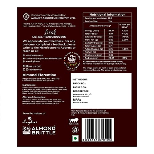 Loyka Almond Florentine/Chocolate Almond Box 12 pcs | Premium Chocolate Gift Hamper | Choco & Nut Dryfruit Delicacy | Caramalised Almonds coated with Dark Choco | Any-time snack