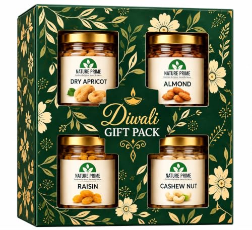 Nature Prime Celebration Pack Dry Fruits Gift Hamper | 4 Premium Jars (Almonds, Cashews, Dry Apricot, Raisins) | Healthy & Tasty Festive Gift for Diwali, Christmas, New Year & Corporate Gifting | 400g