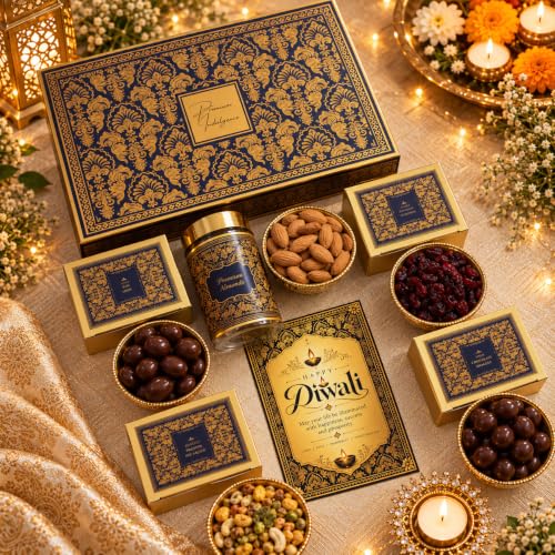 NutriSnacksBox 8 Items Royal Blue Diwali Gift Hamper with Metal Diya, Chocolates Nutties, Almonds, Protein Mix, Cranberry & Diwali Greeting Card