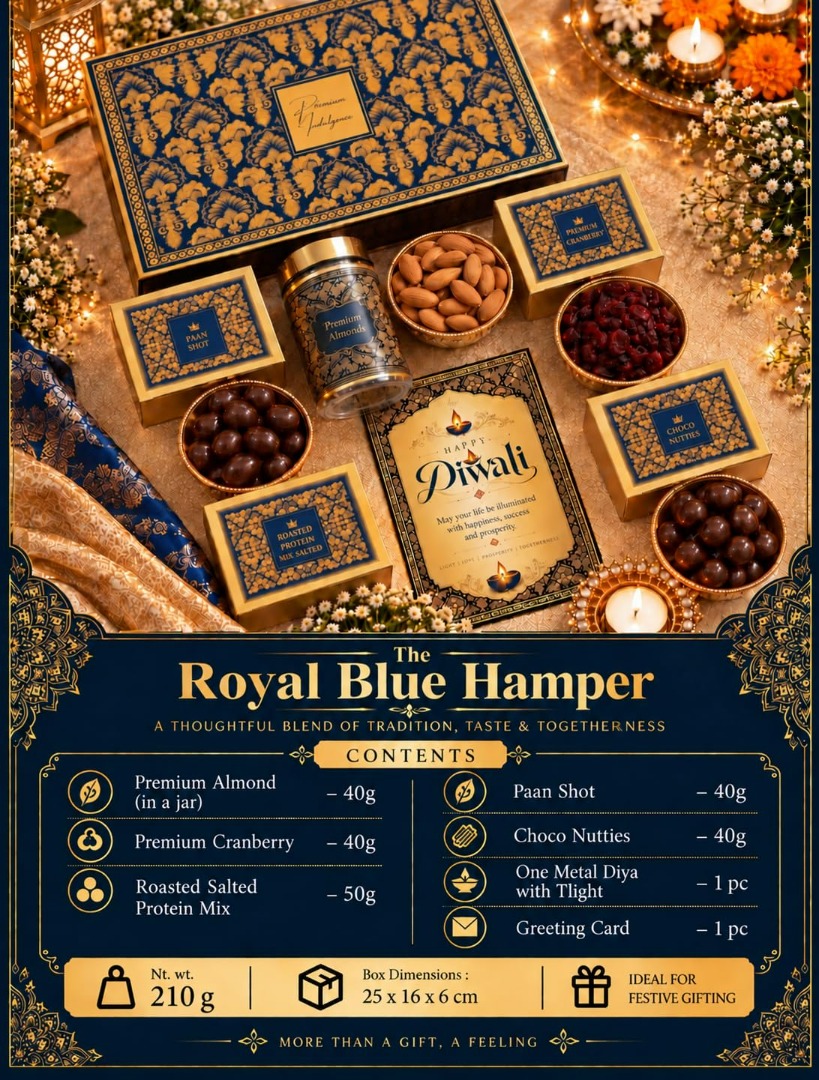 NutriSnacksBox 8 Items Royal Blue Diwali Gift Hamper with Metal Diya, Chocolates Nutties, Almonds, Protein Mix, Cranberry & Diwali Greeting Card