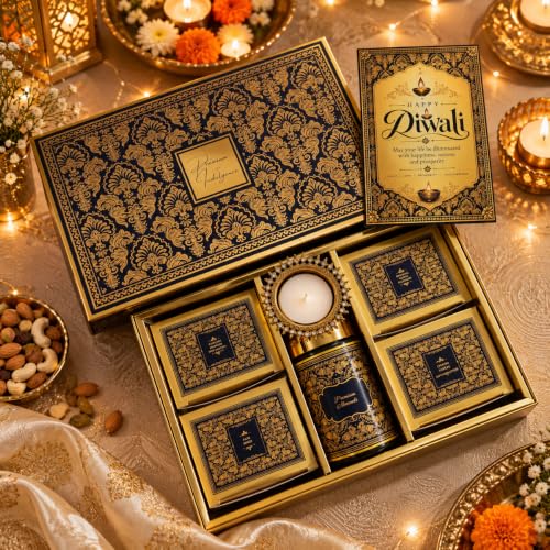 NutriSnacksBox 8 Items Royal Blue Diwali Gift Hamper with Metal Diya, Chocolates Nutties, Almonds, Protein Mix, Cranberry & Diwali Greeting Card