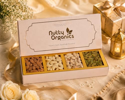 Nutty Organics Premium Dry Fruit Gift Box 4 Pack (150g) | Almonds, Cashews, Salted Pistachios & Raisins , Greeting card
