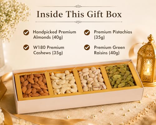 Nutty Organics Premium Dry Fruit Gift Box 4 Pack (150g) | Almonds, Cashews, Salted Pistachios & Raisins , Greeting card