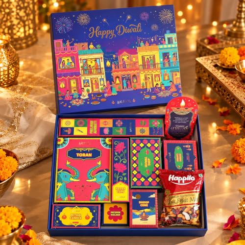 Sneh Diwali Gift Box | Incense Sticks & Cones, Havan Cups, Ceramic Diyas, Mithai Candles, Bandarwal, Dry Fruits Mix & Cookies, Premium Diwali Gift Hamper for Family, Friends & Corporate Gifting