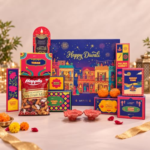 Sneh Diwali Gift Box | Incense Sticks & Cones, Havan Cups, Ceramic Diyas, Mithai Candles, Bandarwal, Dry Fruits Mix & Cookies, Premium Diwali Gift Hamper for Family, Friends & Corporate Gifting