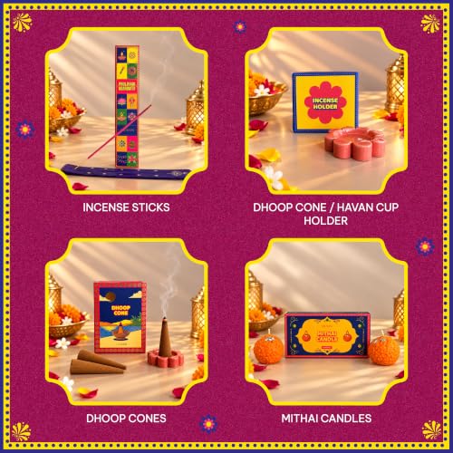 Sneh Diwali Gift Box | Incense Sticks & Cones, Havan Cups, Ceramic Diyas, Mithai Candles, Bandarwal, Dry Fruits Mix & Cookies, Premium Diwali Gift Hamper for Family, Friends & Corporate Gifting