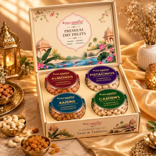 TIED RIBBONS Premium Dry Fruits Gift Box with Almonds, Cashews, Raisins & Pistachios | Set of 4 Dry Fruit Jars (Each, 125g)
