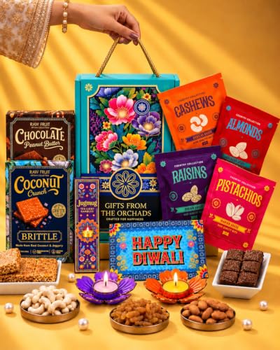 Hyperfoods Gifts From The Orchard Diwali Gift Hamper – Dry Fruits, Chocolate & Coconut Brittles, Tea Light Holder & Candles