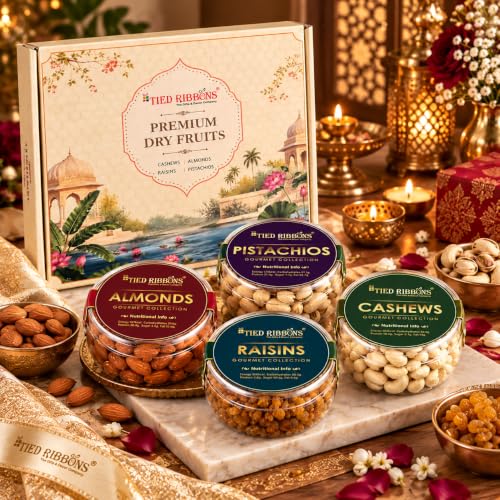 TIED RIBBONS Premium Dry Fruits Gift Box with Almonds, Cashews, Raisins & Pistachios | Set of 4 Dry Fruit Jars (Each, 125g)