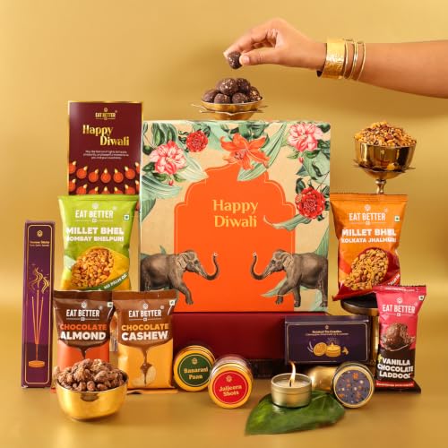 Gajraj 11-Item Diwali Gift Hamper – Dry Fruit Laddoos, Millet Namkeens, Chocolate Nuts & Motichoor Candles | Family & Corporate Gift
