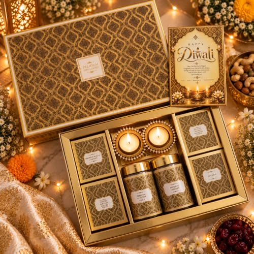 NutriSnacksBox Golden White 12-Item Diwali Gift Hamper – Chocolates, Dry Fruits, Almond Brittle, 2 Diyas with Tea Lights & Greeting Card
