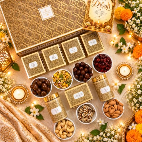 NutriSnacksBox Golden White 12-Item Diwali Gift Hamper – Chocolates, Dry Fruits, Almond Brittle, 2 Diyas with Tea Lights & Greeting Card