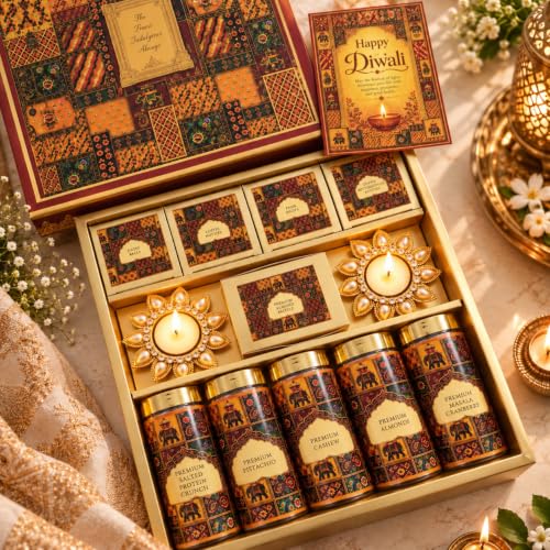 NutriSnacksBox Red Heritage 15-Item Diwali Gift Hamper – 2 Big Metal Diyas, 2 Tea Light Candles, Dry Fruit Jars, Chocolates, Sweets & Greeting Card