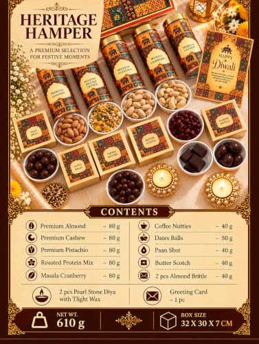 NutriSnacksBox Red Heritage 15-Item Diwali Gift Hamper – 2 Big Metal Diyas, 2 Tea Light Candles, Dry Fruit Jars, Chocolates, Sweets & Greeting Card
