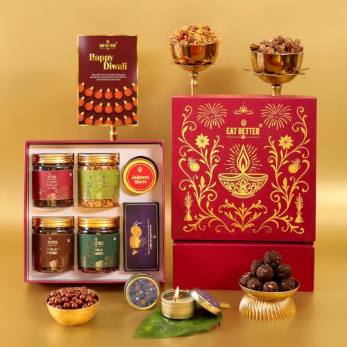 Eat Better Co Jugmug 8-Item Diwali Gift Hamper – Masala Cranberries, Spiced Almonds, Hazelnut Chocolate Laddoos & Tin Candles