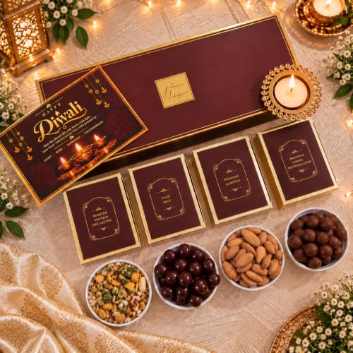 NutriSnacksBox Luxury Brown Diwali Gift Box – Almonds, Butterscotch Chocolates, Paan Shots, Namkeen & Diwali Card