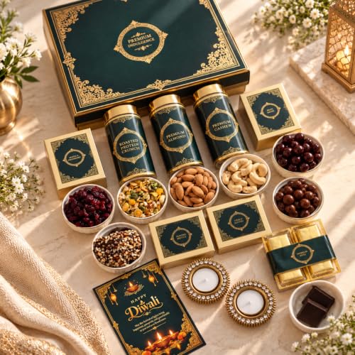 NutriSnacksBox Evergreen 13-Item Luxury Diwali Hamper – Almonds, Cashews, Cranberries, Chocolates, Diya & Namkeen