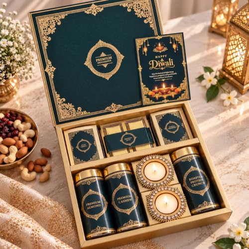 NutriSnacksBox Evergreen 13-Item Luxury Diwali Hamper – Almonds, Cashews, Cranberries, Chocolates, Diya & Namkeen