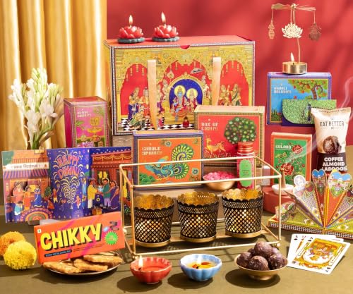 Phool 13-Item Ram Darbar Diwali Gift Box 2026 – Ladoo, Chikki, Votive Set, Diyas, Candles, Rose Mishri & Playing Cards