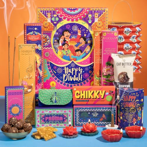 Phool 10-Item Shubh Diwali Pop-Up Lantern Gift Box 2026 – Dry Fruit Ladoo, Bombay Bhel Chikki, Diya & Candles