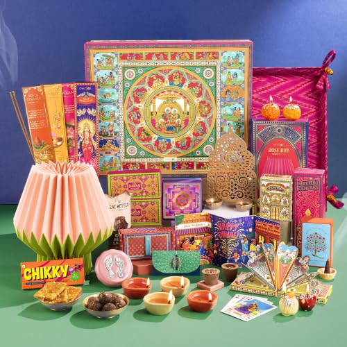 Phool Ramayana Diwali Gift Box 2026 – Ramayana Tray, Diyas, Laxmi Charan, Rose Bud Lamp, Candles, Havan Cups, Sweets & Playing Cards