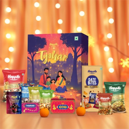 Happilo Tyohar 11-Item Festive Gift Box – Dry Fruits, Mithai Candle, Terracotta Diya & Toran