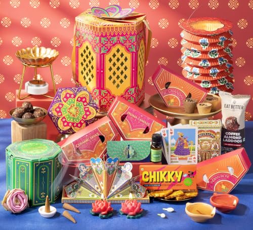 Phool 13-Item Diwali Lantern Gift Box – Ceramic Diya, Chocolate Ladoo, Chikki, T-Light Lantern, Candles, Incense, Havan Cups & Oil Burner