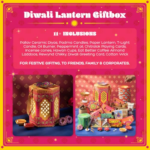 Phool 13-Item Diwali Lantern Gift Box – Ceramic Diya, Chocolate Ladoo, Chikki, T-Light Lantern, Candles, Incense, Havan Cups & Oil Burner
