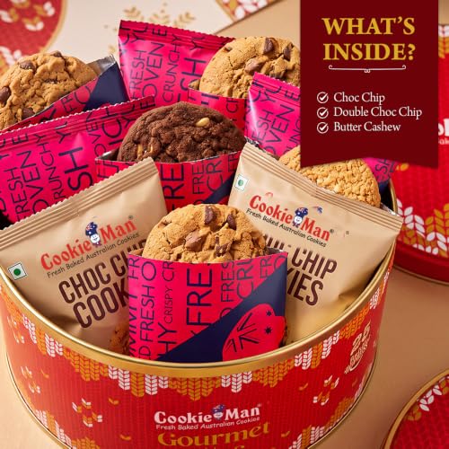CookieMan Festive Delights Assorted Cookies Diwali Gift Tin (200g) – Choc Chip, Butter Cashew & Double Choc Chip
