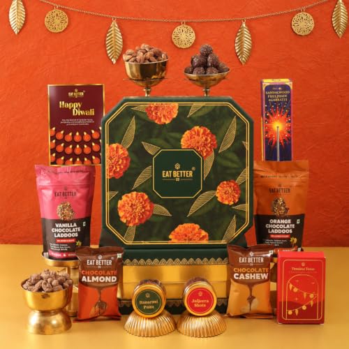 Eat Better Co Marigold 11-Item Diwali Gift Hamper – Hazelnut Chocolate Laddoos, Mukhwas, Assorted Tea & Tin Candle