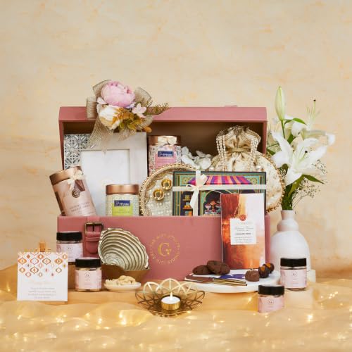 The Gift Studio Majestic Diwali Trunk – Dark Chocolate, Stuffed Dates, Dry Fruits, Millet Cookies, Marble Cheeseboard & Decor Accessories