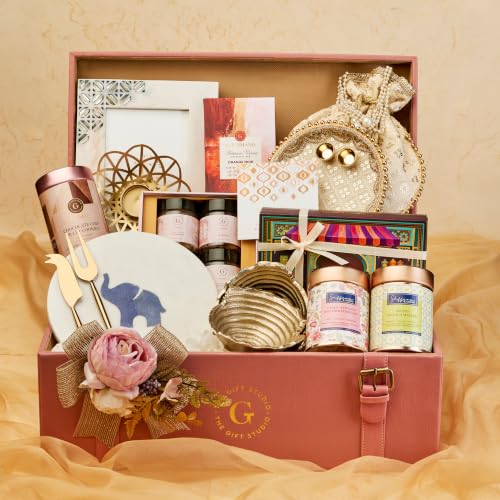 The Gift Studio Majestic Diwali Trunk – Dark Chocolate, Stuffed Dates, Dry Fruits, Millet Cookies, Marble Cheeseboard & Decor Accessories