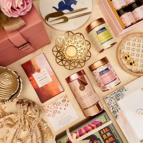The Gift Studio Majestic Diwali Trunk – Dark Chocolate, Stuffed Dates, Dry Fruits, Millet Cookies, Marble Cheeseboard & Decor Accessories
